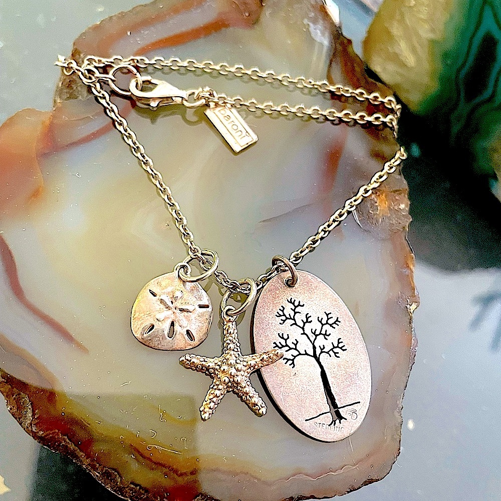 Vintage Baroni Sterling Silver Multi Starfish Coral Tree Ocean Charms Necklace - Picture 2 of 6